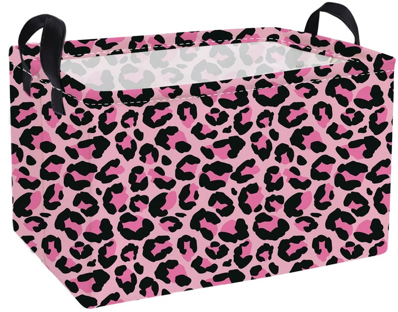 Essme Rectangular Kids Baskets,Pink Storage Basket with Handles for Girls Room Decor, Leopard Print Box,Cute Storage Bin(Pink leopard print) - Image 1